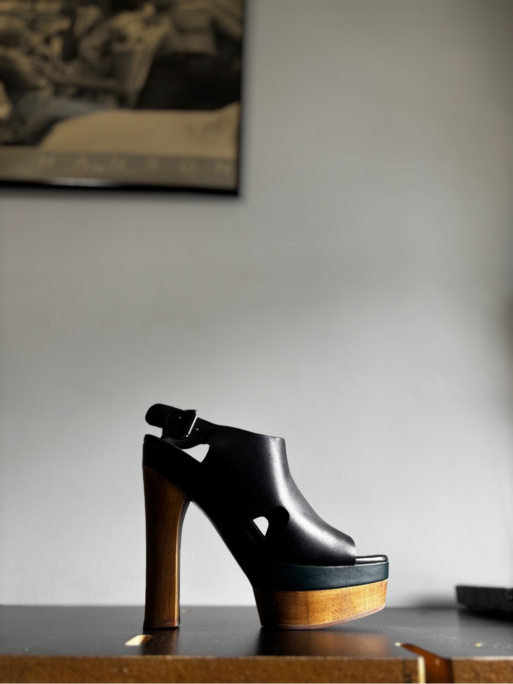 Marni Black Leather Platform Cutout wooden Heel Sandal